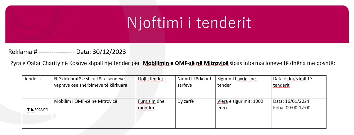 Njoftim i tenderit për: Mobilimin e QMF-së në Mitrovicë